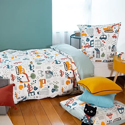 Afbeelding van CÔTE DECO Omkeerbaar beddengoed voor kinderen, op straat, blauw, dekbedovertrek 140 x 200 cm + 1 kussensloop 63 cm, tweepersoonsbed