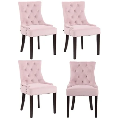 Afbeelding van CLP Aberdeen Set van 4 eetkamerstoelen Zonder armleuning Hout Fluweel roze antiek