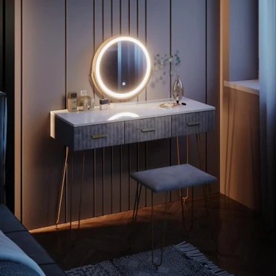 Afbeelding van Vicco Make uptafel set met kruk Layla, Grijs/Wit, 100 cm LED verlichting en