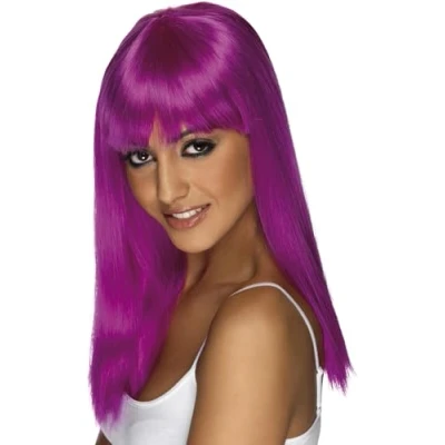 Afbeelding van Smiffys glamoureuze pruik, neonpaars, lang haar, glad met pony