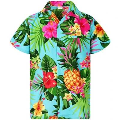 Afbeelding van King Kameha Funky heren overhemd met korte mouwen, borstzakje, Hawaï print, ananas , palmboom en bloemenmotief, Turkoois