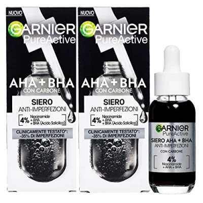 Afbeelding van Garnier PureActive Gezichtsserum tegen imperfectie met houtskool niacinamide AHA BHA Behandeling puistjes, tekenen roodheid, lichte dekkende formule, uniformerend, zonder resten, 2 flessen van 30 ml