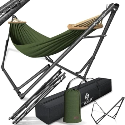 Afbeelding van KESSER® Vill Hangmat met metalen frame, inklapbaar, verstelbaar, stabiel frame voor binnen en buiten, inclusief draagtas + camping, tuin, zwembad, balkon, terras, grijs