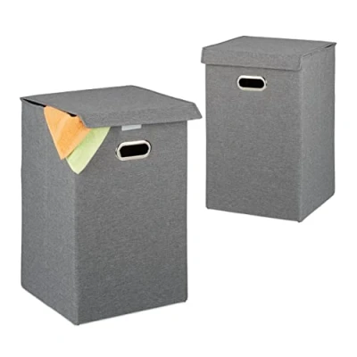 Afbeelding van Relaxdays 2x opvouwbare wasmand set met deksel mand voor wasgoed wasbox 62 l grijs