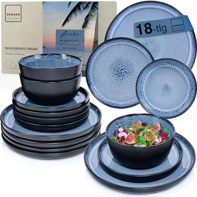 Afbeelding van SÄNGER Aruba Value Collection 18 delig tafelservies van aardewerk voor 6 personen, platte borden, mueslikommen, dessertborden, blauw met zwarte rand, krasbestendig