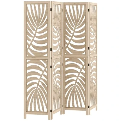 Afbeelding van HOMCOM Houten kamerscherm voor binnen, 4 panelen, 160 x 170 cm, ruimteverdeler, opvouwbaar en draagbaar, bladpatroon, afneembare scheidingswand woonkamer, slaapkamer, huis, natuurlijk hout