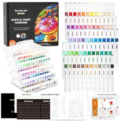 Afbeelding van Shuttle Art 60 stuks acrylstiften voor stenen, waterdicht, met automatische inktcontrole, acrylmarker penseelpunt, hout, paaseieren, glas, keramiek