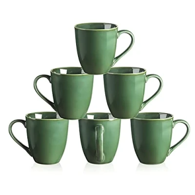 Afbeelding van vicrays Set van 4 theekopjes geëmailleerd porselein met handvat voor mannen en vrouwen, 350 ml, koffie, thee, melk, cacao, muesli (groen)