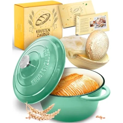 Afbeelding van Krustenzauber Potbrood bakken [incl. Gistingsmand] Hoogwaardige geëmailleerde broodbakpan 26 cm rond Ideale gietijzeren broodbakvorm voor met deksel, broodvorm, accessoires
