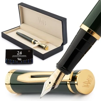 Afbeelding van Wordsworth &amp; Black Vulpenset, fijne gouden veer, 18 karaat, bevat 24 inktpatronen, inktvulconverter en geschenkdoos, afwerking, kalligrafie [racegroen]