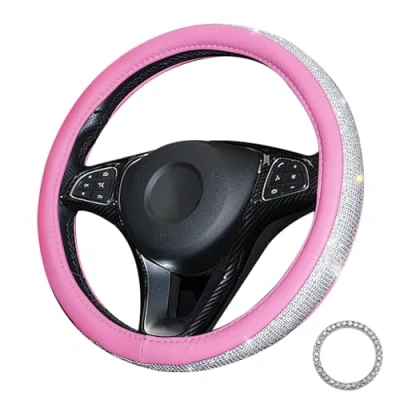 Afbeelding van Glitter Strassteentjes,Stuurhoes Universele 38cm/15 inch Auto Interieur Stuurwiel Decoratie Diamant Versie Beschermer Anti slip (roze wit)