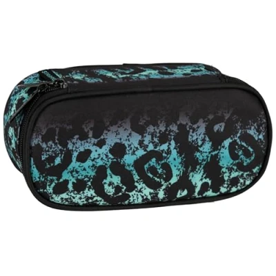 Afbeelding van Zwarte ovale etui met panterprint, rits 22x6x10 cm