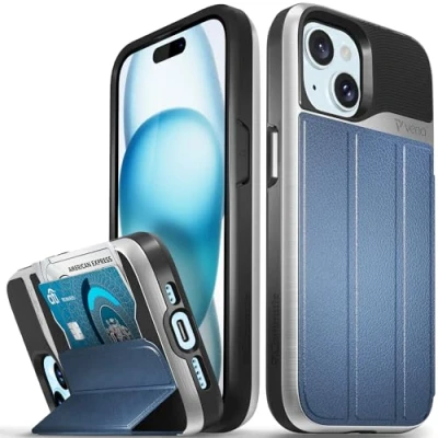 Afbeelding van VENA vCommute Portemonneehoesje compatibel met Apple iPhone 15 (6,1 inch), militaire valbescherming, lederen klaphoes kaartsleuf en kickstand roségoud / rood