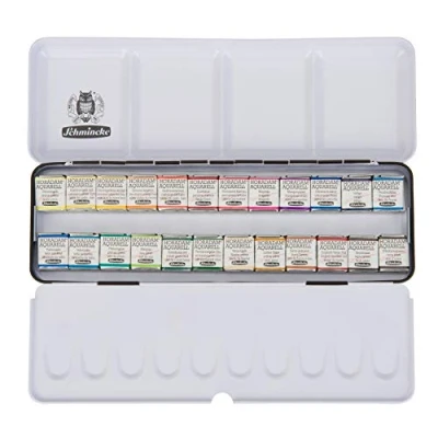 Afbeelding van Schmincke HORADAM AQUARELL verfdoos met 24 fijnste aquarelverf, 74424097, zwart metalen doos, schilderset, premium x 1/2 cel