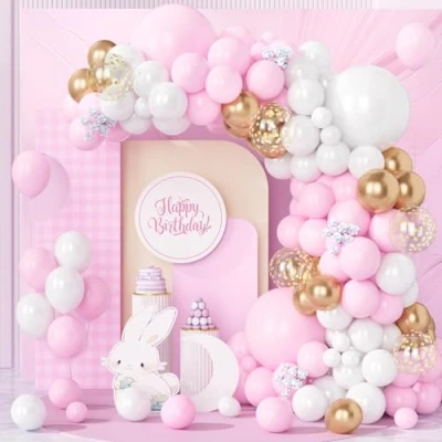 Afbeelding van Teselife 123 stuks roze en pastelwitte ballonnen voor ballonnenboog van latex, metallic, champagne, goud, confetti meisjes, verjaardag, babyshower, bruiloft, doop, feestdecoratie