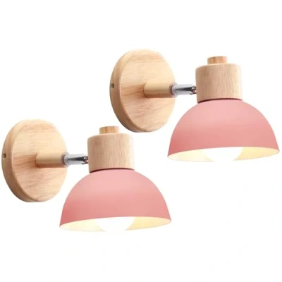 Afbeelding van IDEGU Industriële wandlampen, vintage, verstelbaar, van hout, metaal, retro, E27 fitting, wandlamp voor binnen, slaapkamer, woonkamer, hal, restaurant, 15 cm (2 stuks, roze)