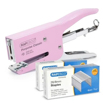Afbeelding van Rapesco 1356A Klassieke Porpoise niettang met 10.000 nietjes type 26/8 mm, capaciteit van 45 vellen, pastelroze