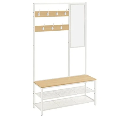 Afbeelding van VASAGLE Kapstok met haken, spiegel, bank op houten voet, 35 x 98 180 cm, voor entree, slaapkamer, woonkamer, modern, eiken, wit HSR415W09