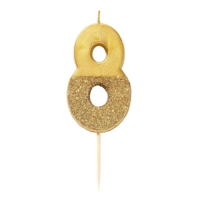 Afbeelding van Verjaardagskaars cijfer 8 goud met glitter hoogwaardige taartdecoratie mooi fonkelend voor kinderen, volwassenen, 8e 18e verjaardag, mijlpaal leeftijd