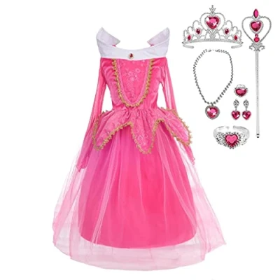 Afbeelding van Lito Angels Kostuum Doornroosje prinses Aurora met accessoires voor kinderen en meisjes, Halloween kostuum, klassiek, party, verjaardag, carnaval, maat 6 7 jaar, warm roze