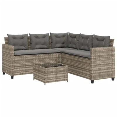 Afbeelding van Tuinbank met tafel en kussens L vormig poly rattan grijs