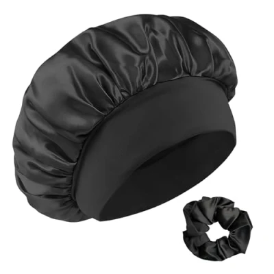 Image de Admygo Bonnet Satin Cheveux Nuit avec Elastiques, Sommeil, Protection Cheveux, Doux Soie pour La Nuit, Noir, Noir