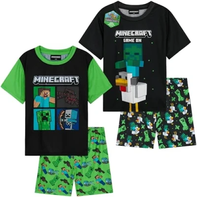 Afbeelding van Get Trend Set van 2 pyjama&#039;s voor jongens, korte mouwen, nachtkleding, zomer, kinderen en jongeren, ontspanning, cadeau idee Zwart Minecraft, 11 12 jaar