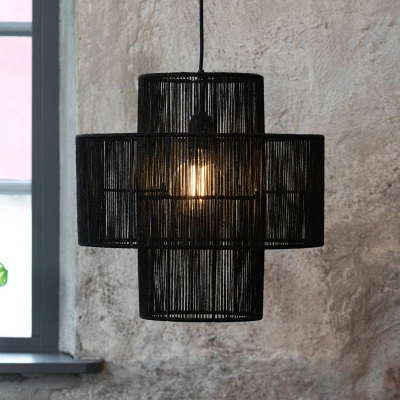 Afbeelding van Soga hanglamp, stekker, zwart, jute, Ø 40 cm