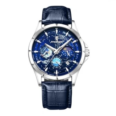 Afbeelding van JewelryWe Herenhorloge van echt leer, steampunk, retro, analoog, kwarts, met leren band, casual horloge voor dames en heren, Blauwe chronograaf, armband