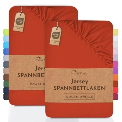 Afbeelding van NatureMark Jersey hoeslakens, set van 2 , 100% katoen, in vele maten en kleuren, premium kwaliteit volgens Öko Tex Standard 100, 200 x 220 cm + 40 stangen, roestrood