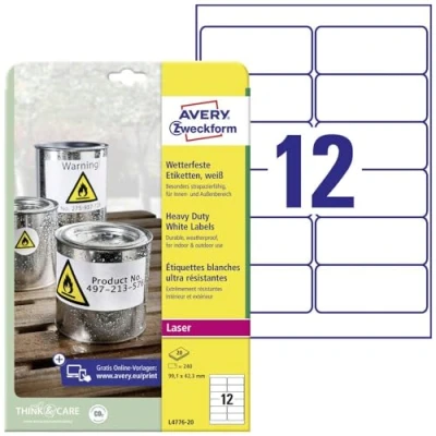 Afbeelding van Avery Zweckform L4776 20 folie etiketten 99.1 x 42.3 mm Polyester Wit 240 stuk(s) Permanent hechtend Laser (kleur), (zwart/wit), Kopiëren