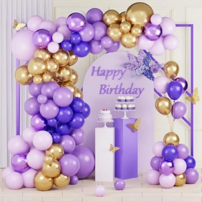 Afbeelding van paarse ballonboog 110 stuks verjaardag met gouden ballon, en voor decoratie verjaardag, babyshower, bruiloft, doop meisjes