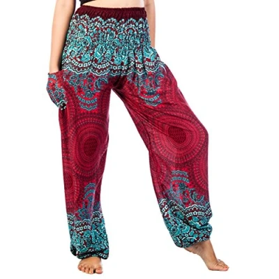 Image de Lofbaz Pantalon sarouel pour femme de yoga bouffant Style hippie bohème Tenue d&#039;été légère, Rose 1 Bourgogne, XL