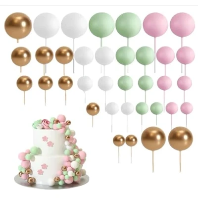 Afbeelding van 36 stuks taartdecoraties in de vorm van een schuimbal voor bruiloftstaart, verjaardagsfeest (roze, groen, wit, goud)