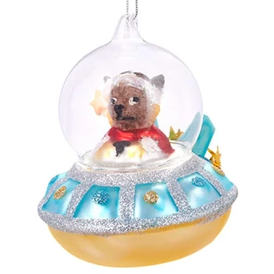 Afbeelding van BRUBAKER Ufo met Kersthelper Blauw Handbeschilderde Glazen Kerstballen Mondgeblazen Kerstboomversieringen Figuren Grappige Decoratie Hangers Boombal 10 cm