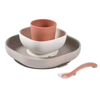 Afbeelding van Béaba Set Siliconen Servies 4 delig Terracotta Antislip BPA vrij