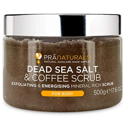 Image de PraNaturals Gommage pour le corps au sel de la Mer Morte 500gr Hydratant, huiles naturelles et minéraux, douce odeur fruitée, sans parabènes, vegan cruauté animale (Café)
