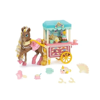 Afbeelding van Jakks Pacific Wild Manes Jouet pour fille Cheval Cherie avec pattes avant mobiles, crinière dorée, chariot à thé et friandises enfants partir de 3 ans