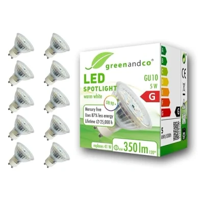 Afbeelding van 10x greenandco® CRI90+ 3000K 110 LED spot vervangt 41 Watt GU10 halogeenspot, 5W 350 lumen warmwit 230V AC, flikkervrij, niet dimbaar