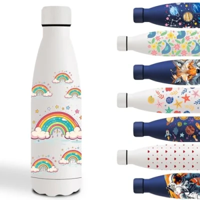 Image de bouteille isotherme pour enfants, 500 ml, personnalisée avec arc en ciel, métal sans fuite, 18/8 acier inoxydable, thermos école, bureau, camping, cyclisme