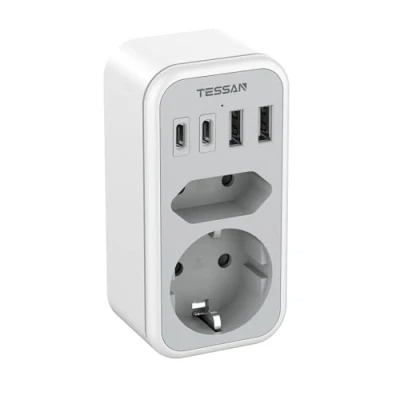 Afbeelding van TESSAN dubbel stopcontact voor stopcontact, 6 in 1 stekkeradapter met 2 USB C en A, 3600 W, telefoon apparaten, meervoudig