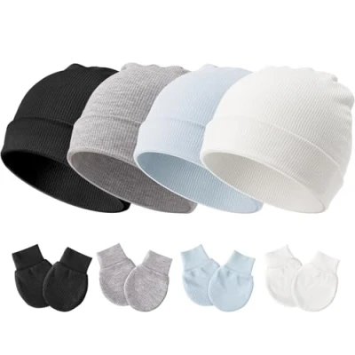 Afbeelding van DRESHOW Babymutsen en wanten, beschermende pasgeborenen, peuters, zacht, schattig, gebreid, muts, 0 6 maanden, één maat, 4 Sets: Beanie Hoeden &amp; Mittens 104 F04