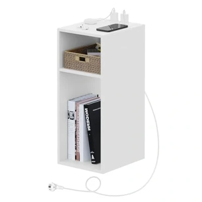Afbeelding van WOLTU nachtkastje met stopcontacten en USB poorten, voor slaapkamer, smal, 2 open vakken, woonkamer, hout, 25 x 30 60 cm, NTS06ws