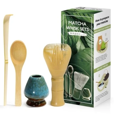 Afbeelding van 4 delige matcha set Japanse ceremonies, gele garde van kunsthars, bamboe lepel, bamboeschep, gardehouder, voor theeceremonie, drank, dromerig blauw