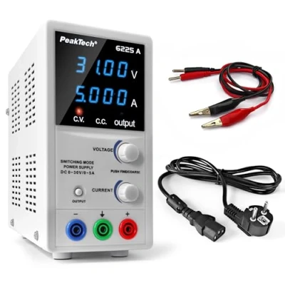 Afbeelding van PeakTech 6225A, 0 30V/0 5A laboratoriumvoeding, instelbare, DC laboratoriumvoeding met 4 cijferig LED display, gestabiliseerde voeding, stroommeter, bestand tegen overbelasting en kortsluiting, smalle vorm.