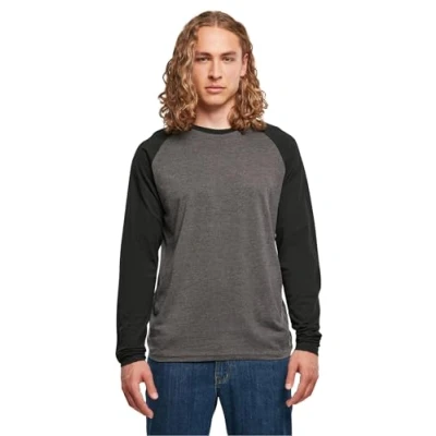 Afbeelding van Build Your Brand Contrast Raglan T shirt met lange mouwen voor heren, Koolstof/Zwart