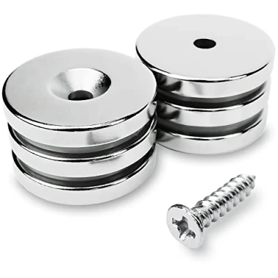 Afbeelding van Sensei Set van 6 ronde neodymium magneten, 25 x 4 mm, met schroefgat, 9 kg aantrekkingskracht + schroeven inbegrepen