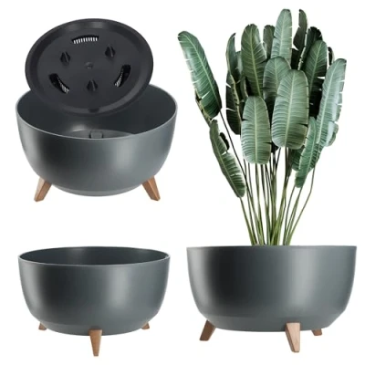 Afbeelding van KADAX Ronde bloempot van kunststof met drie steekhouders, voor balkon, woonkamer, diameter 47 cm, antraciet