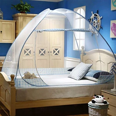 Afbeelding van Digead Klamboe voor bed, opvouwbaar, draagbaar, reizen, muggennet, dubbele deur, camping, muskietennet, 150 x 200 cm, koepelvormig eenvoudige installatie, blauwe rand