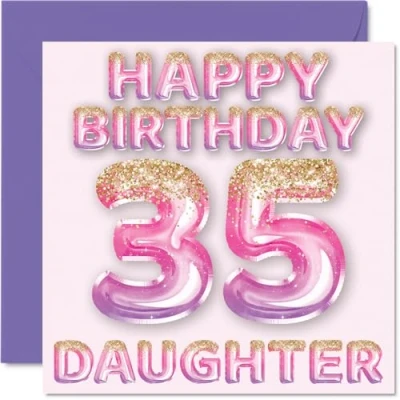 Afbeelding van Verjaardagskaart voor meisjes 35e verjaardag roze en paarse glitterballonnen verjaardagskaarten 35 jarige dochter van mama papa, 145 mm x